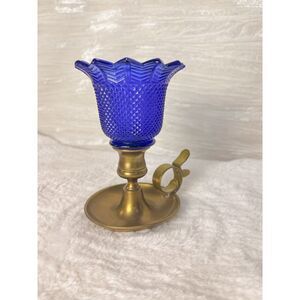 Vintage Blue Glass and Brass Candleholder - Elegant Home Decor